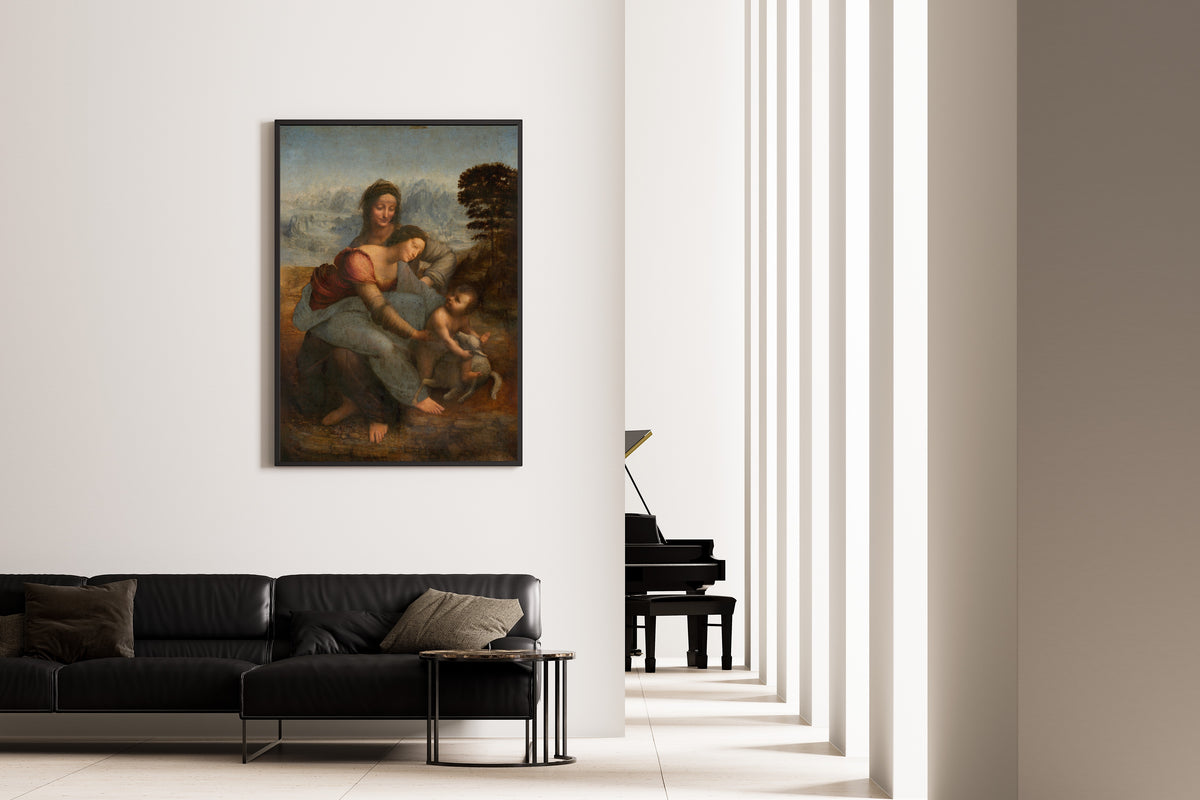 Framed art print of The Virgin and Child with St. Anne by Leonardo da Vinci, on the wall of a minimal living room