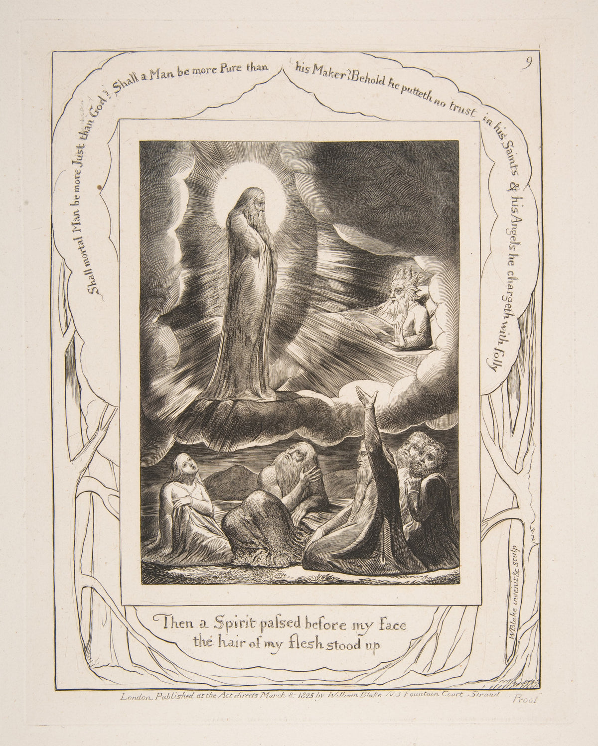 The Vision of Eliphaz by William Blake — A robed spirit in a halo of light appears to figures kneeling below
