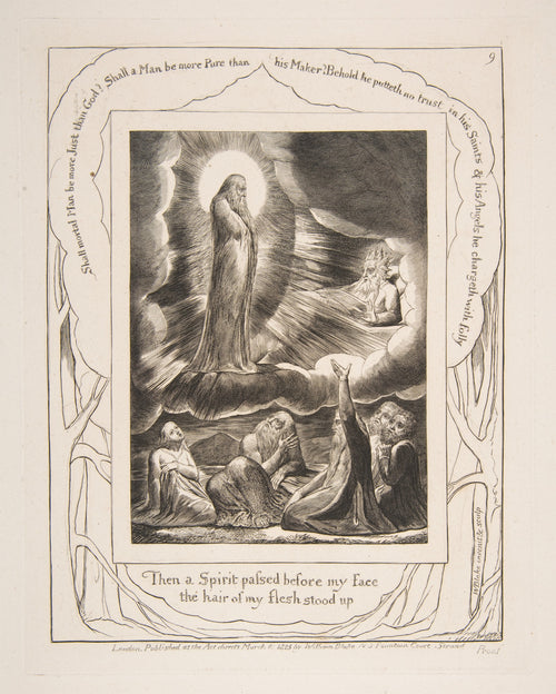 The Vision of Eliphaz by William Blake — A robed spirit in a halo of light appears to figures kneeling below