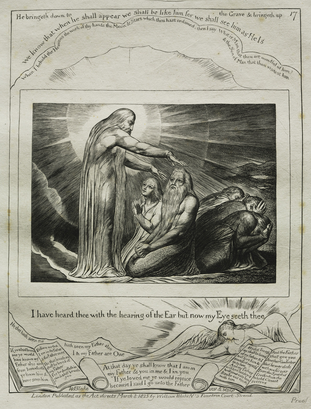 The Vision of God (Book of Job, Plate 17) by William Blake — The Lord appears to Job and his wife in a burst of light