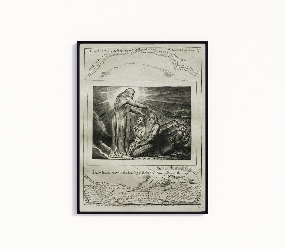 Framed art print of The Vision of God (Book of Job, Plate 17) by William Blake, in a slim black frame on a plain white wall
