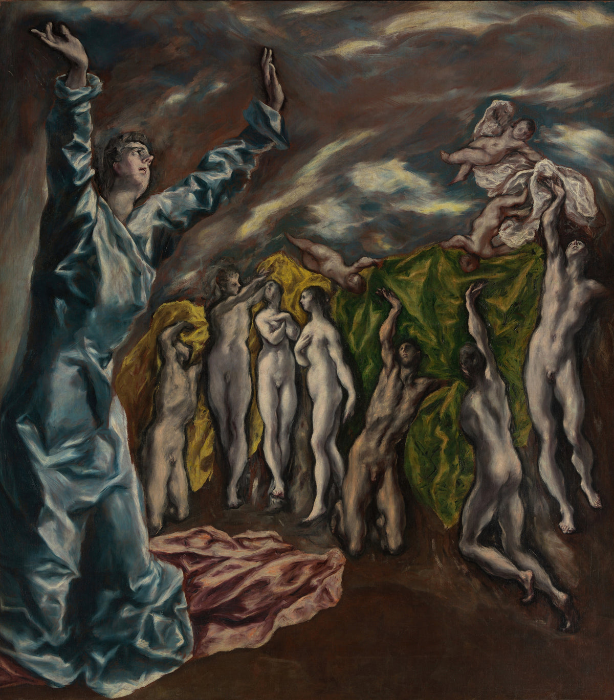 The Vision of Saint John by El Greco — A saint's arms thrown up as pale, elongated bodies reach skyward