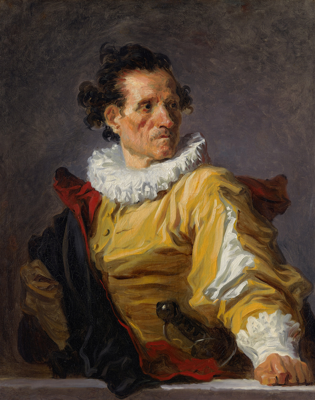 The Warrior by Jean-Honoré Fragonard — A wary man in a mustard doublet glances over his shoulder