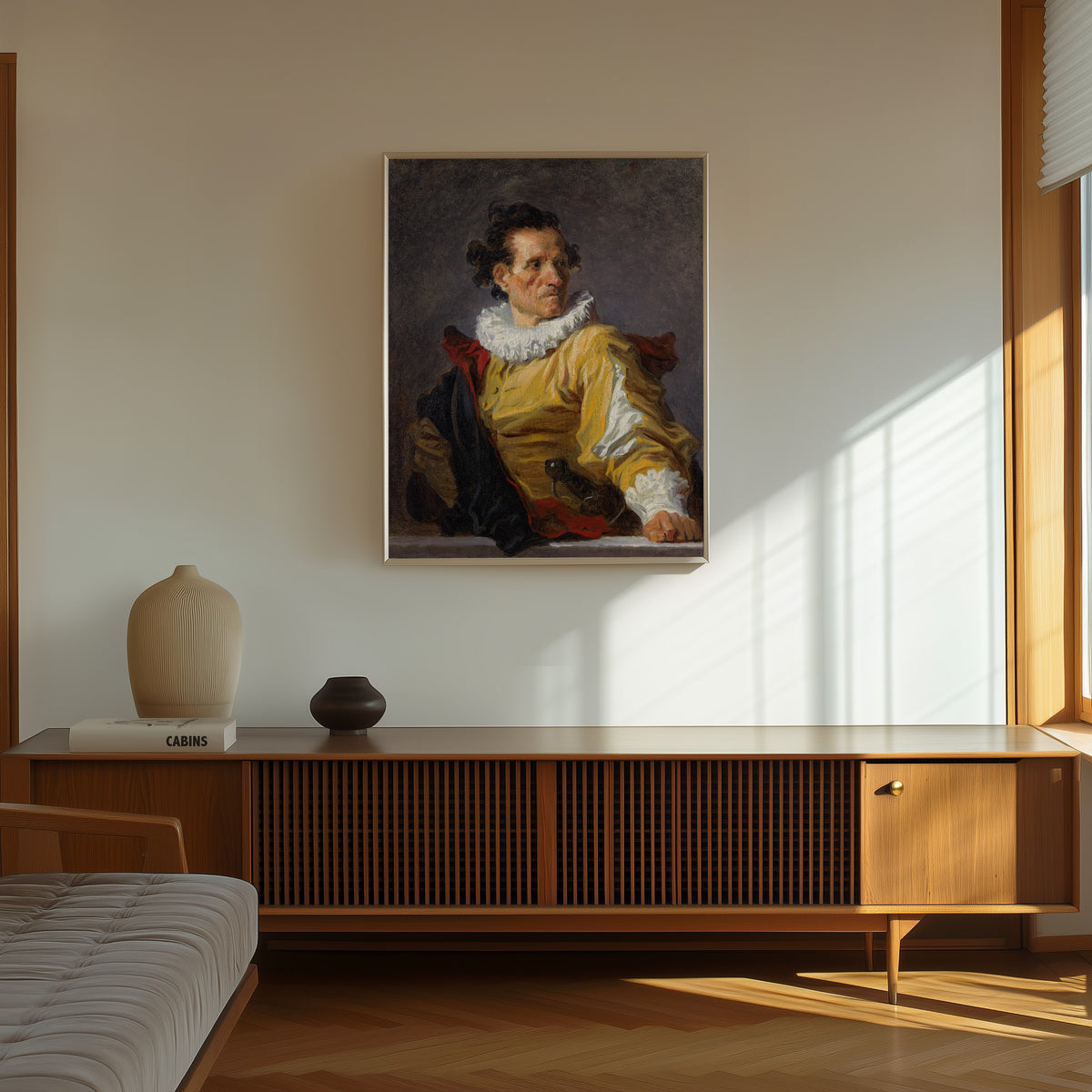 Framed art print of The Warrior by Jean-Honoré Fragonard, in a thin light frame on a sunlit wall above a wooden sideboard