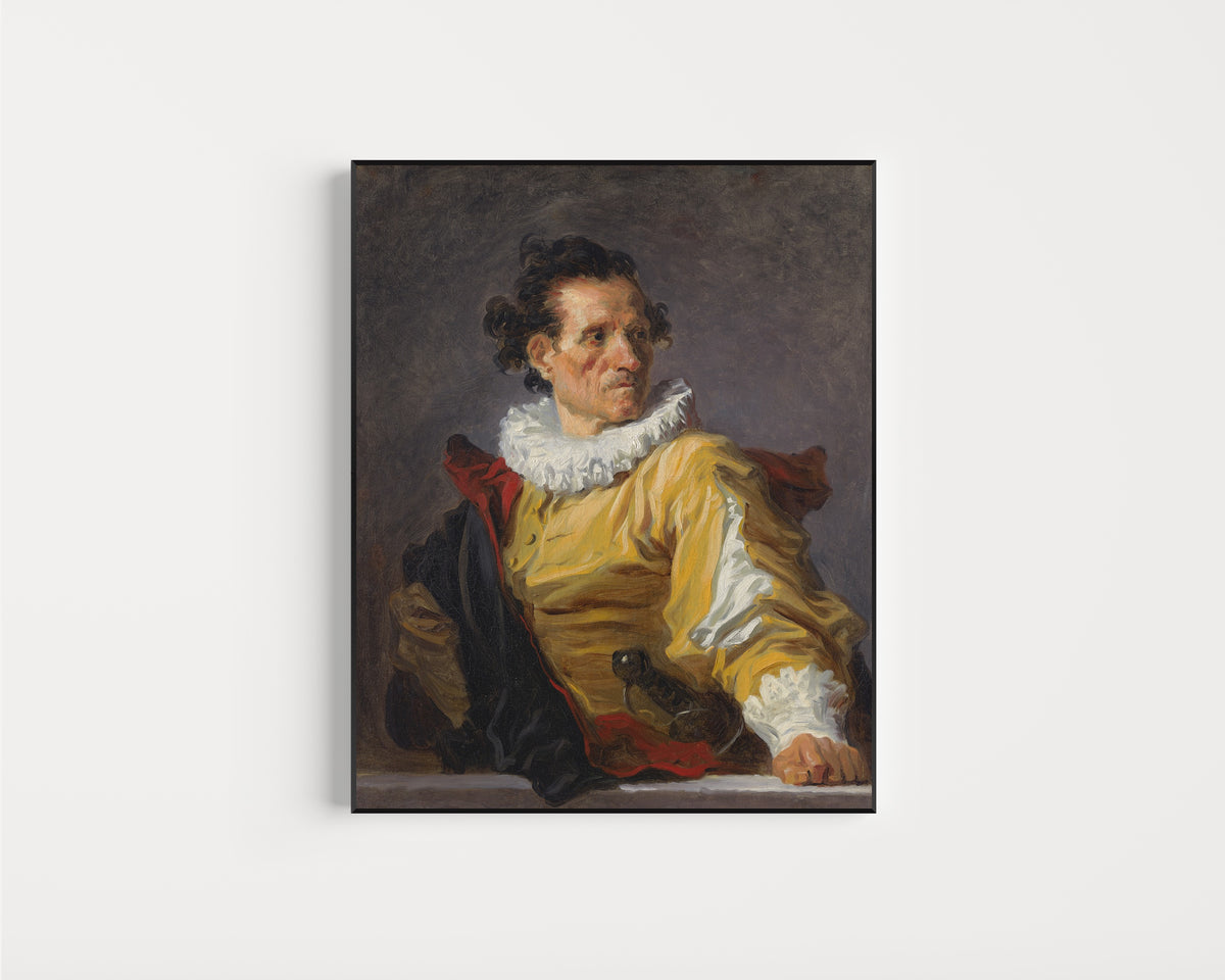Framed art print of The Warrior by Jean-Honoré Fragonard, in a slim black frame on a plain white wall