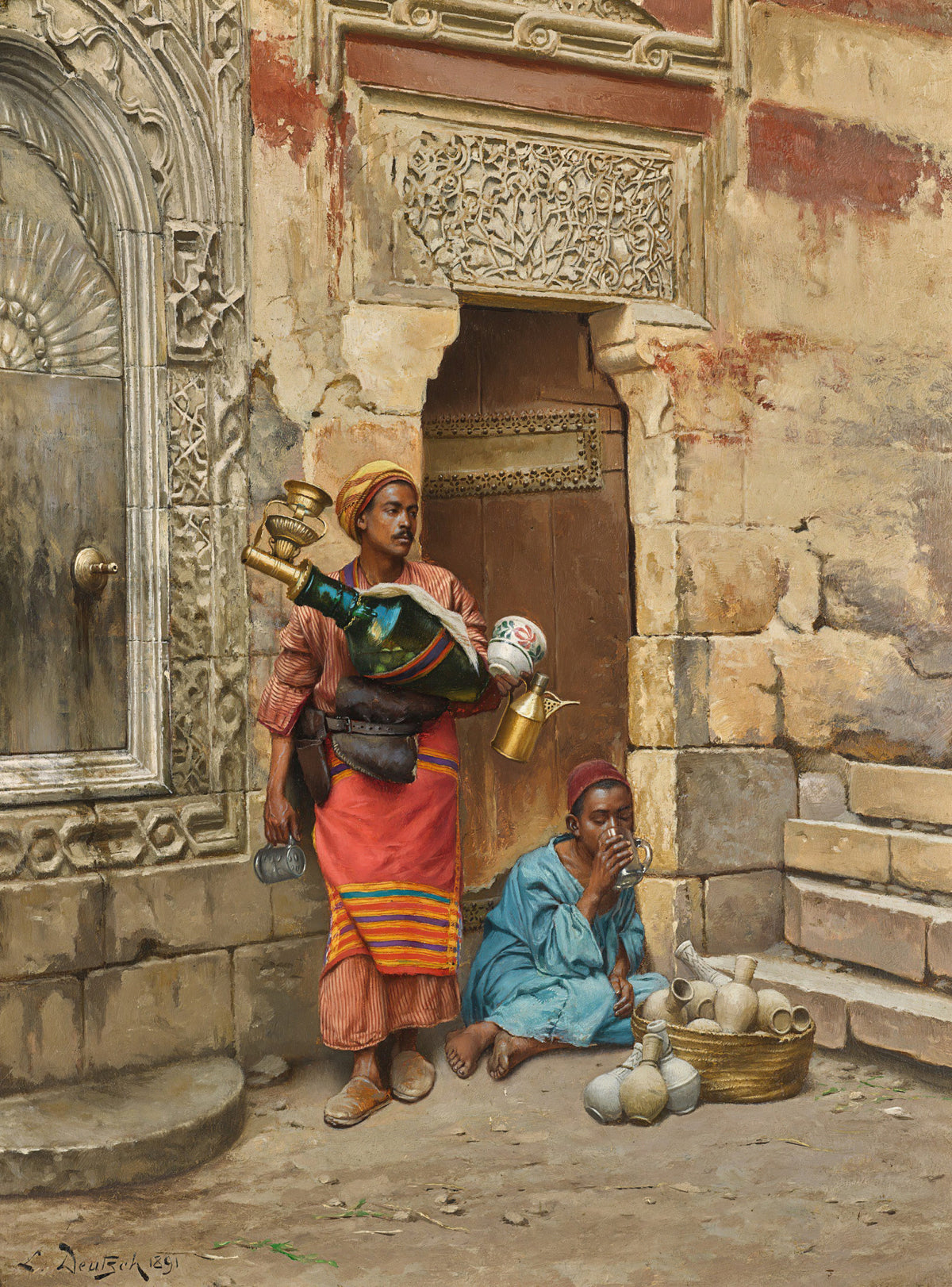 The Water Seller by Ludwig Deutsch — A water seller pauses by a carved stone fountain on a sunlit street