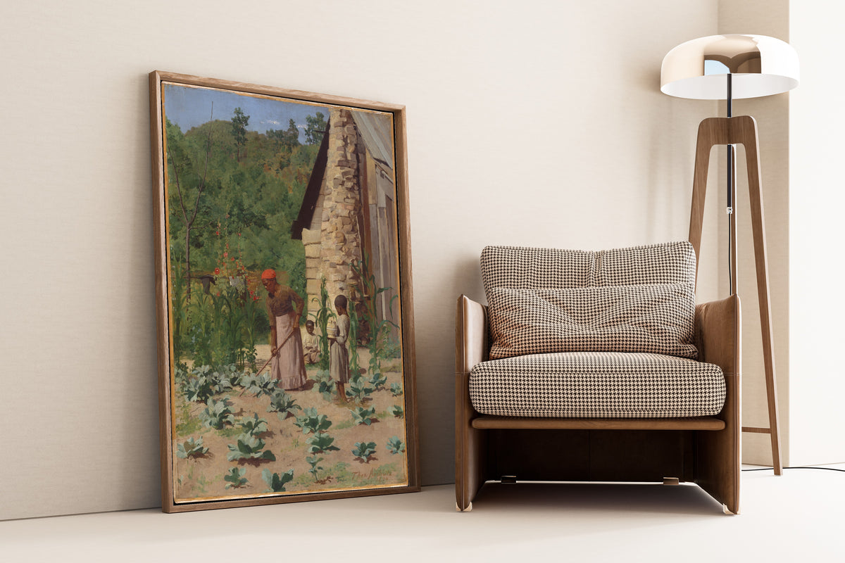 The Way They Live by Thomas Anshutz — framed and leaning against a wall beside an armchair and a floor lamp