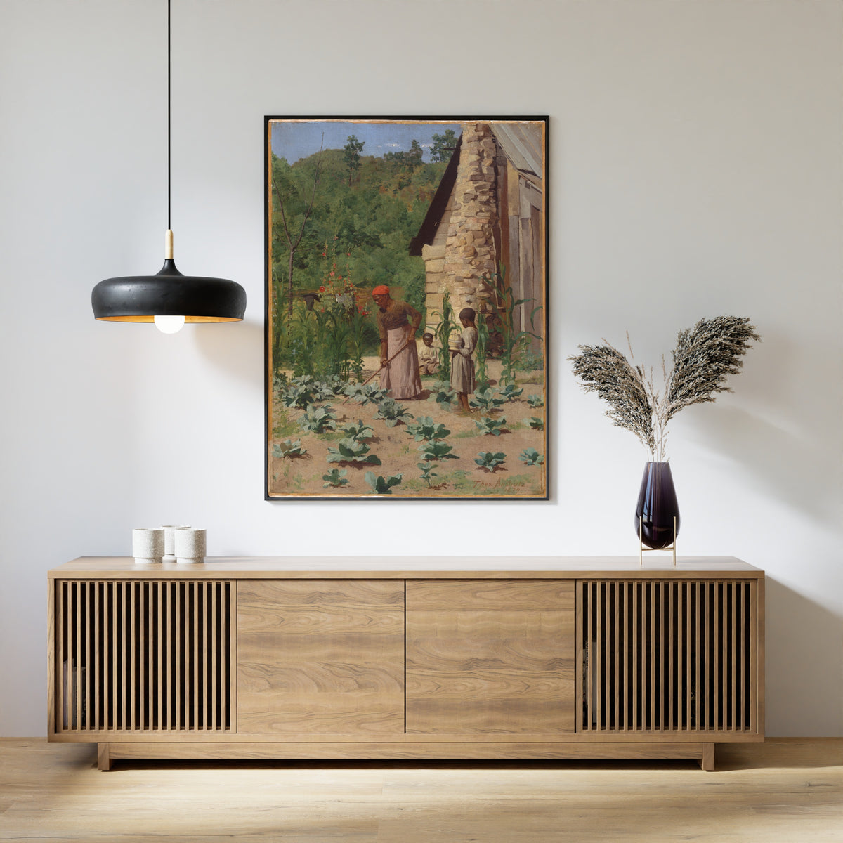 The Way They Live by Thomas Anshutz — framed above a slatted wood sideboard