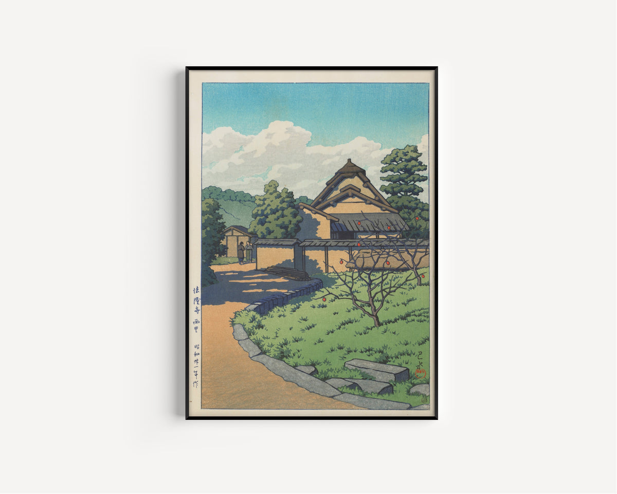 Framed art print of The West Village, Horyuji Temple by Kawase Hasui, in a slim black frame on a plain white wall