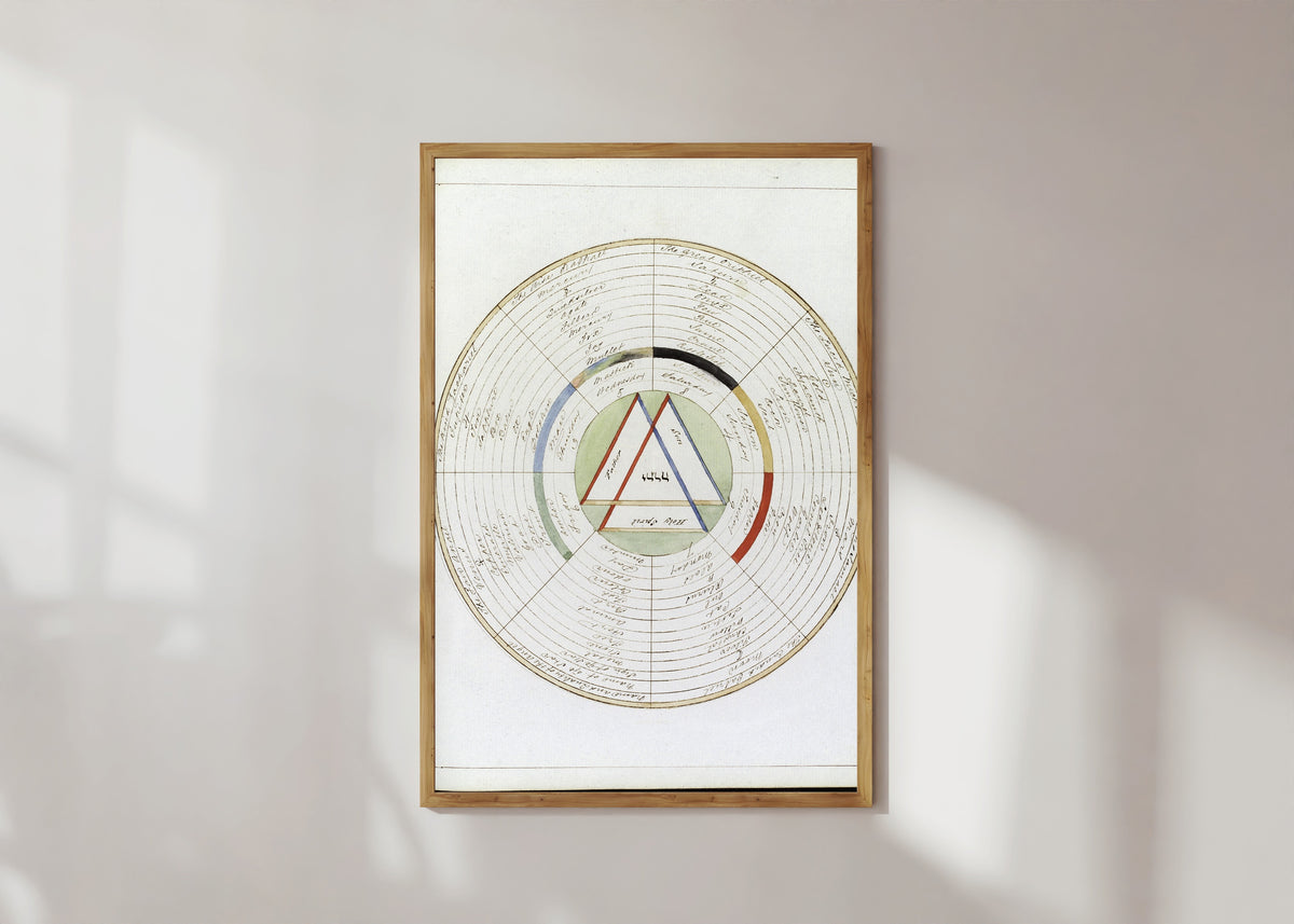 Framed art print of The Wheel of Wisdom, a Magical Treatise by Henry Dawson Lea, in a light wood frame on a sunlit white wall
