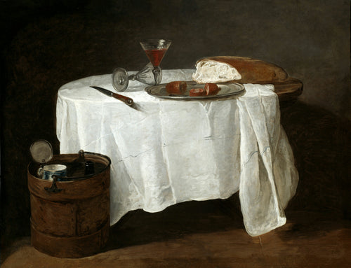 The White Tablecloth by Jean-Siméon Chardin — A white-draped table with wine, bread, sausage and a knife