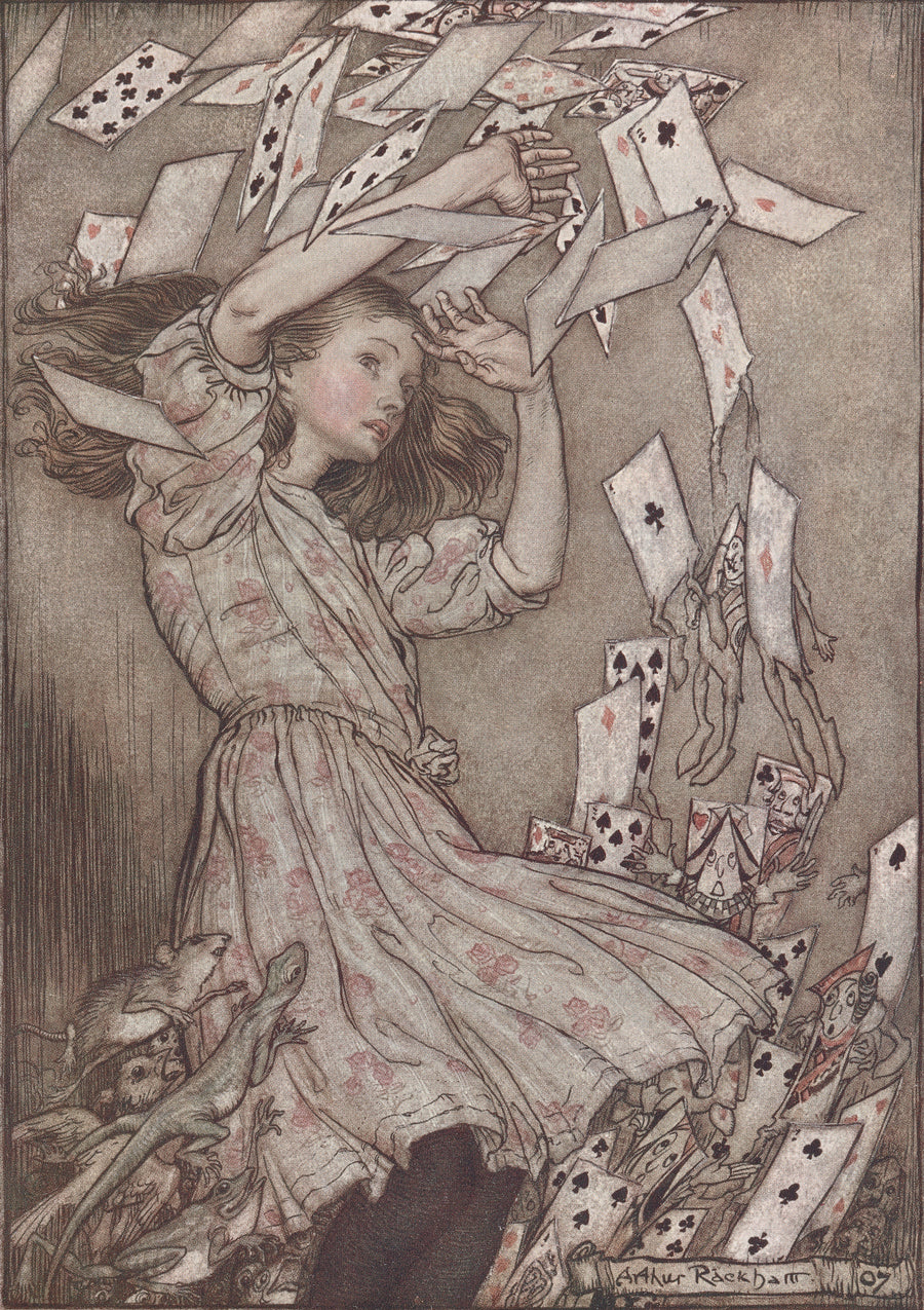 Arthur Rackham — The Whole Pack Rose Up into the Air | Fairy Tale Illustration Print shown to scale on a wall above a sofa