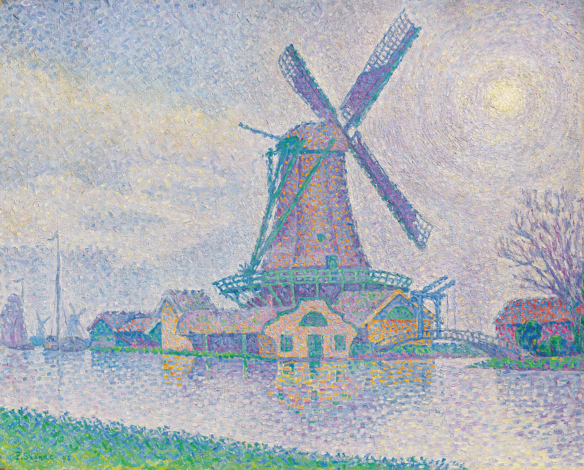 The Windmill at Edam by Paul Signac — A violet-sailed windmill over a lavender river beneath a pale sun