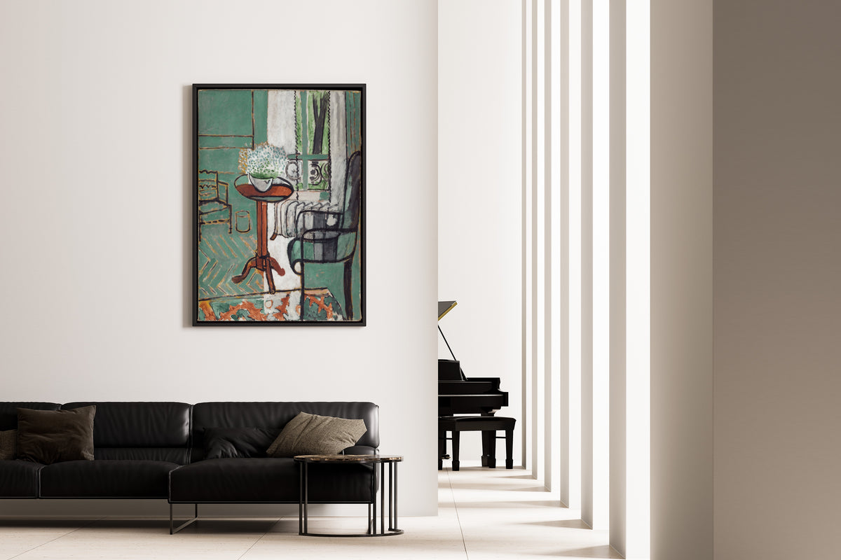 Framed art print of The Window by Henri Matisse, on the wall of a minimal living room