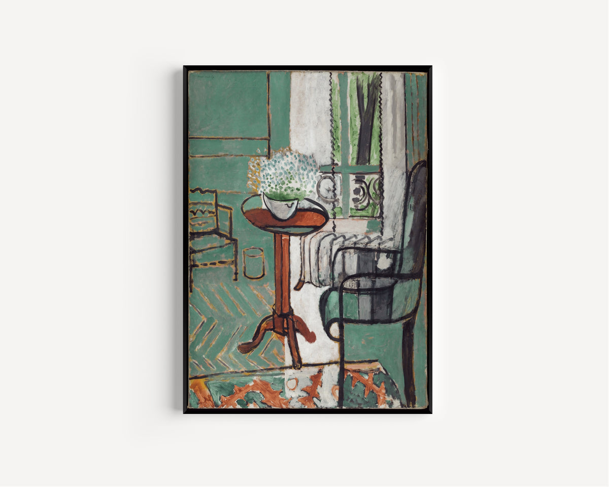 Framed art print of The Window by Henri Matisse, in a slim black frame on a plain white wall