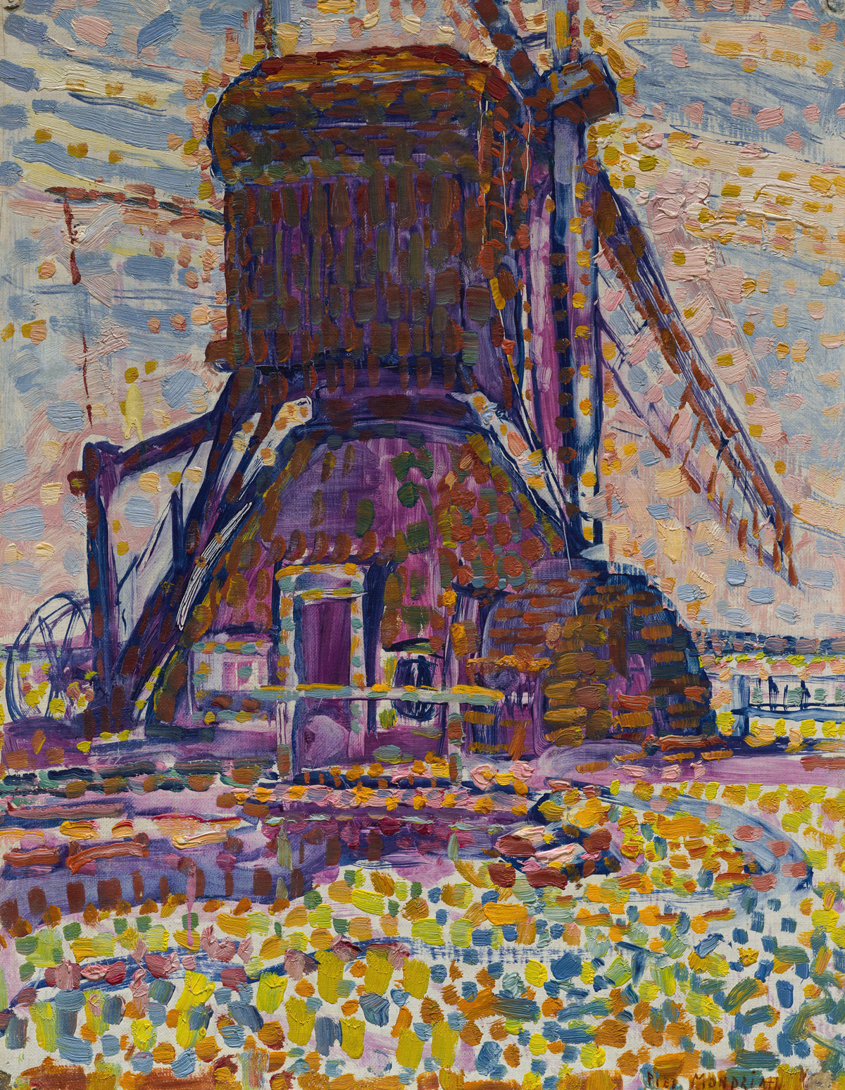 The Winkel Mill by Piet Mondrian — A windmill built from dabs of violet, rust and gold in bright light