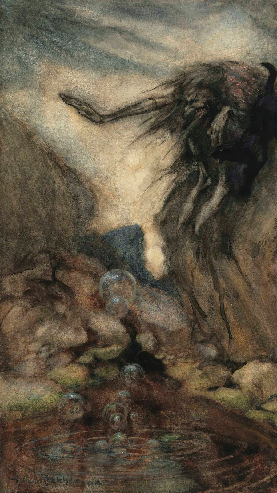 Arthur Rackham — The Witch's Pool | Fairy Tale Illustration Print shown to scale on a wall above a sofa