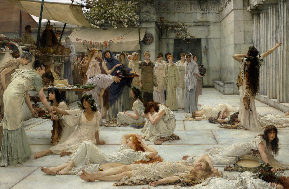 The Women of Amphissa by Lawrence Alma-Tadema — Weary revellers rest on a marble square as townswomen bring food