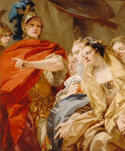 The Women of Darius Invoking the Clemency of Alexander by Giovanni Domenico Tiepolo — A soldier in a red cloak points as veiled women look on