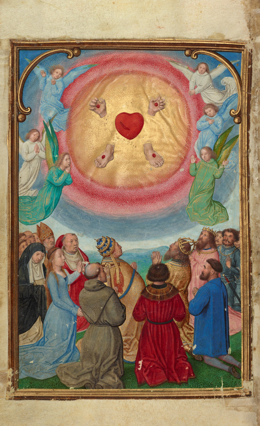 Simon Bening — The Worship of the Five Wounds | Illuminated Manuscript Print shown to scale on a wall above a sofa