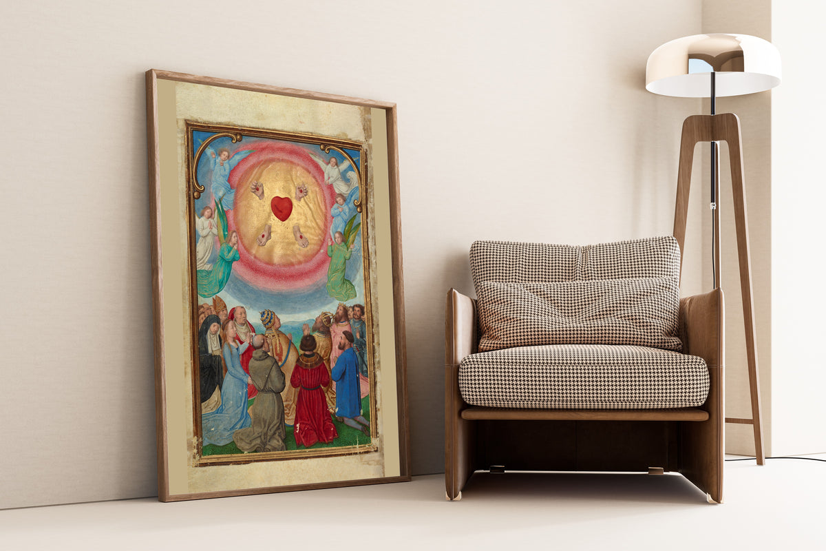 Framed art print of The Worship of the Five Wounds by Simon Bening, leaning against a wall beside an armchair and a floor lamp