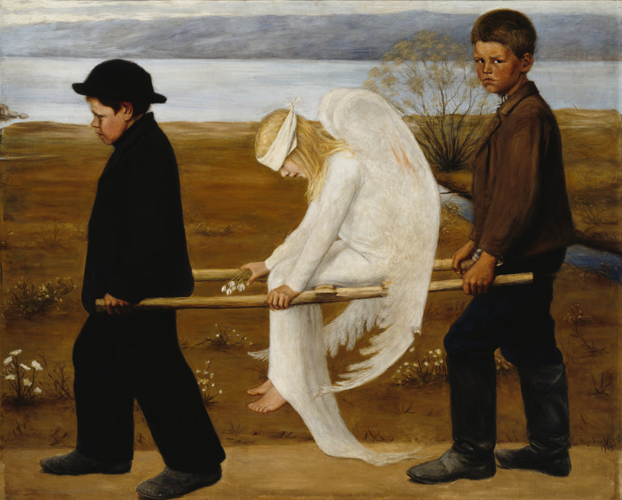 Hugo Simberg — The Wounded Angel | Art Print shown to scale on a wall above a sofa