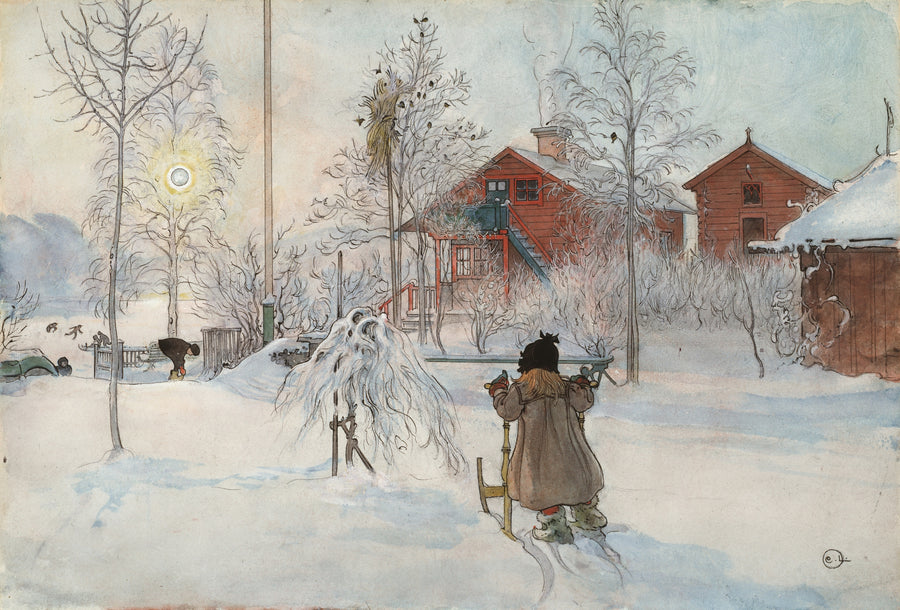 Carl Larsson — The Yard and Washhouse | Swedish Watercolour Print shown to scale on a wall above a sofa