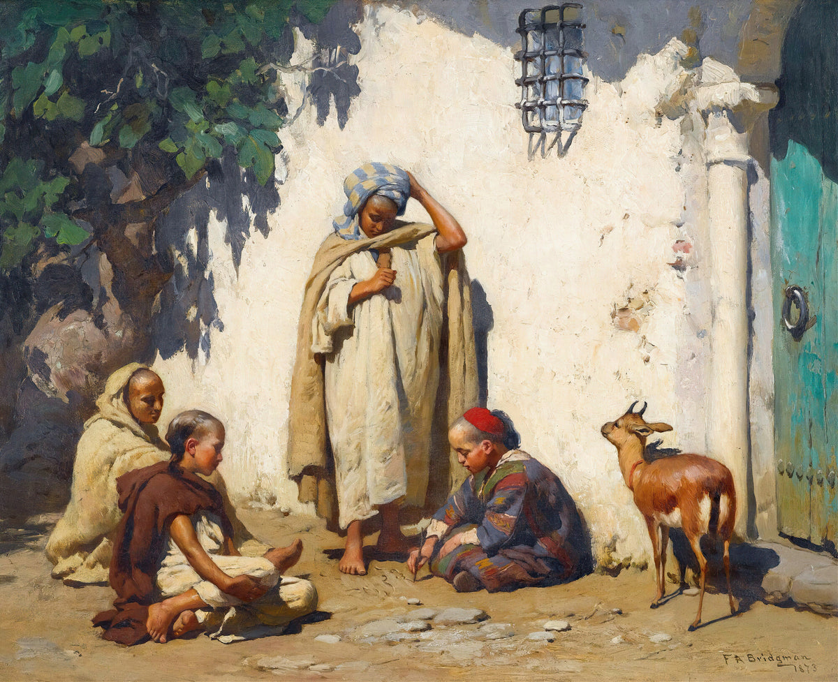 The Young Scribe by Frederick Arthur Bridgman — A boy in a red cap writes in the dust beside a young gazelle