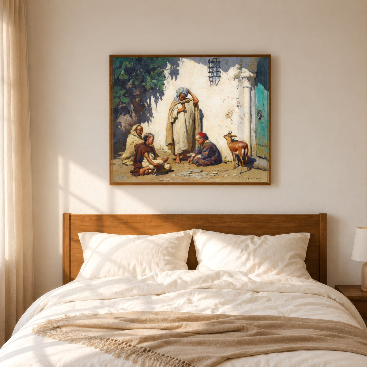 Framed art print of The Young Scribe by Frederick Arthur Bridgman, in a slim wood frame above a bed in a sunlit bedroom