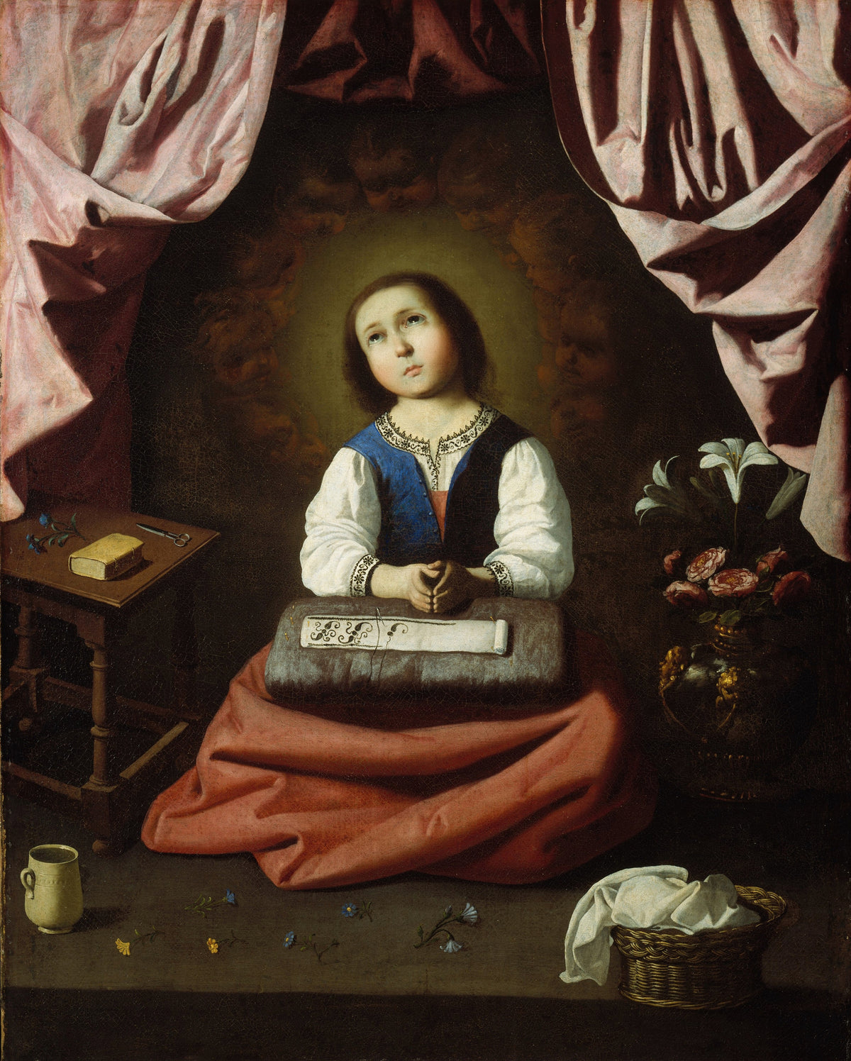 The Young Virgin by Francisco de Zurbarán — A kneeling girl at prayer between pink curtains, cherubs behind