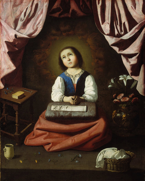 The Young Virgin by Francisco de Zurbarán — A kneeling girl at prayer between pink curtains, cherubs behind