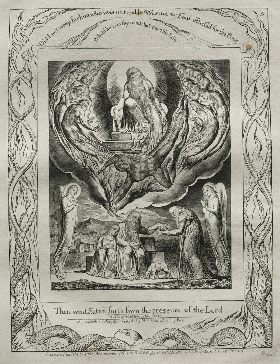 William Blake — Then Went Satan Forth from the Presence of the Lord (Book of Job, Plate 5) | Engraving Print shown to scale on a wall above a sofa