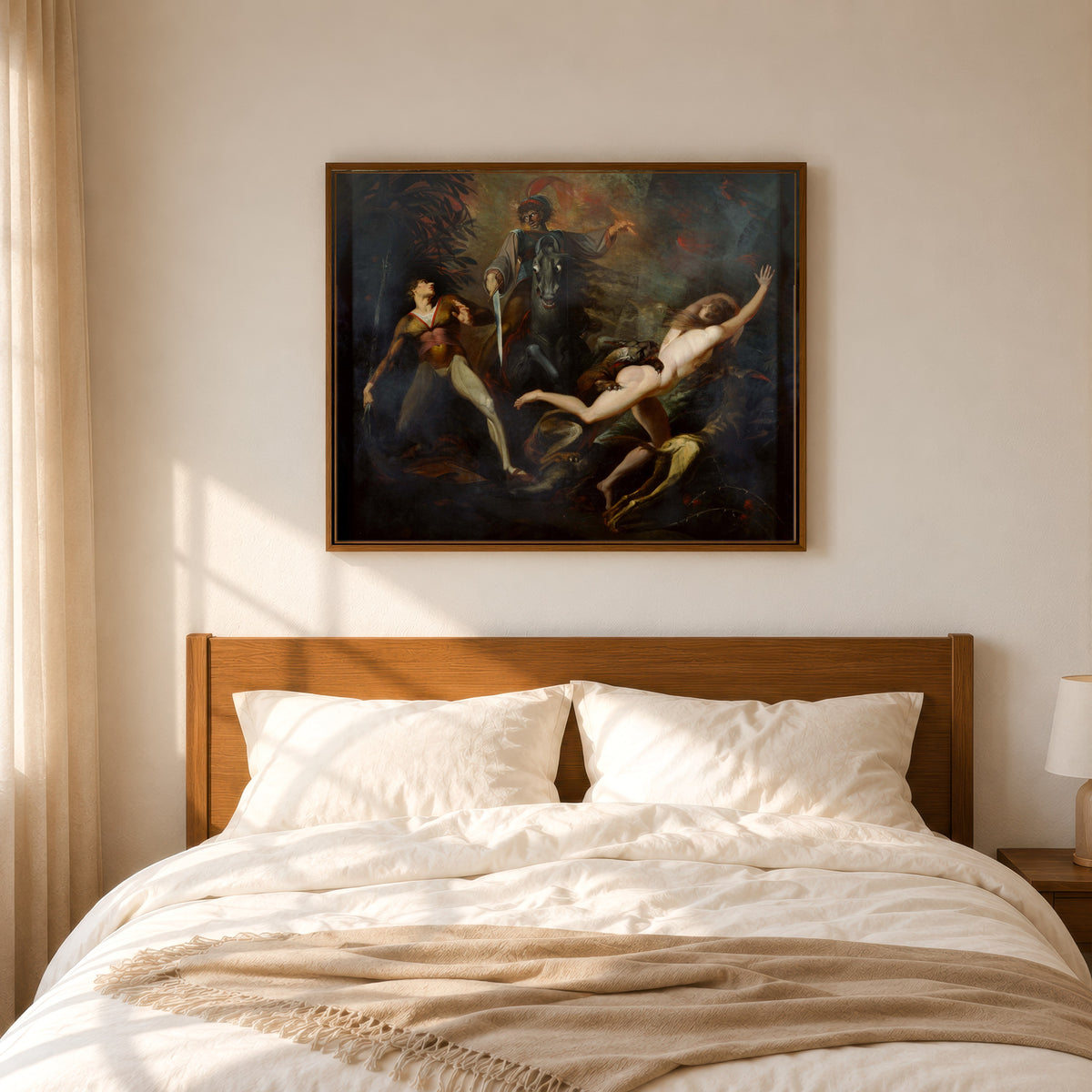 Framed art print of Theodore Meets in the Wood the Spectre of His Ancestor Guido… by Henry Fuseli, in a slim wood frame above a bed in a sunlit bedroom