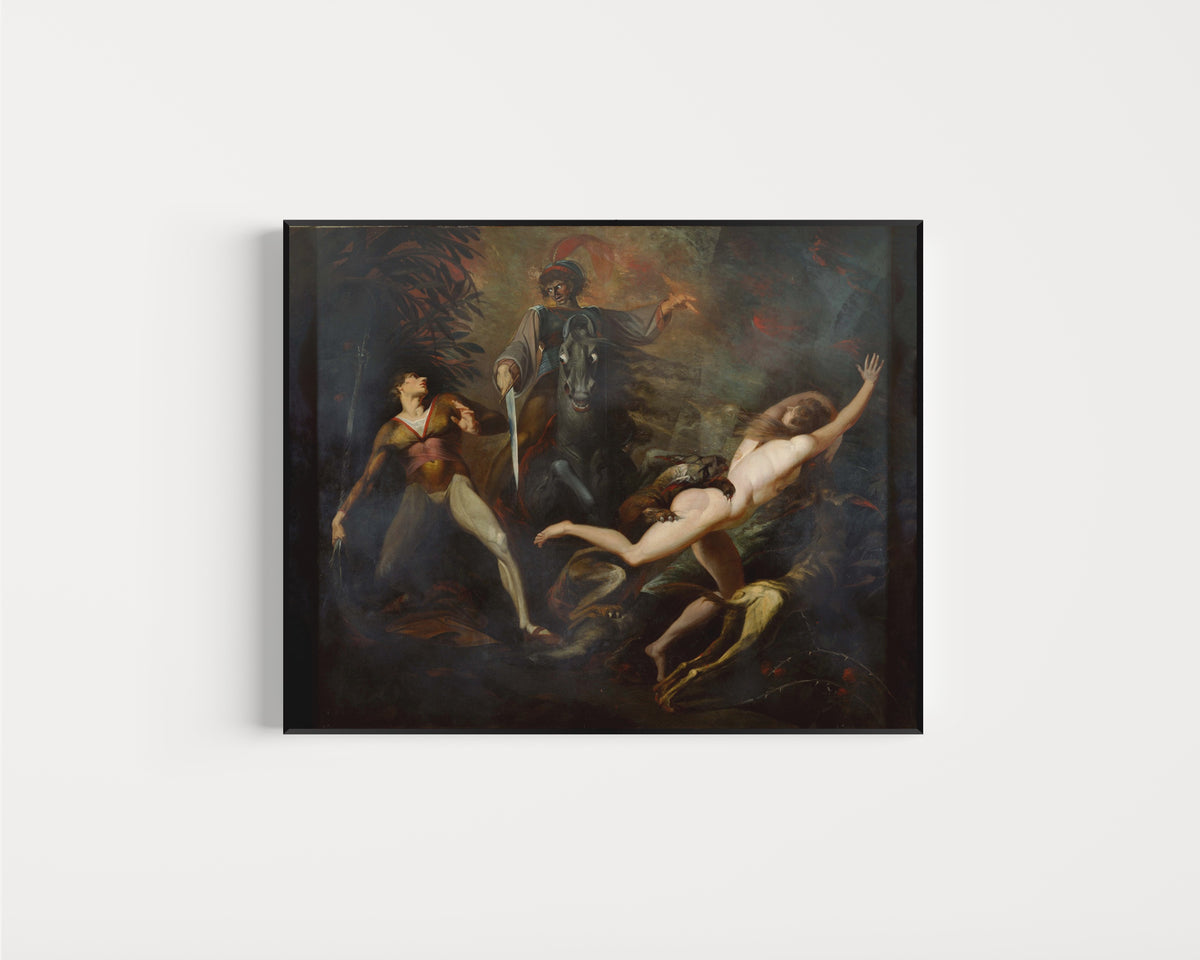 Framed art print of Theodore Meets in the Wood the Spectre of His Ancestor Guido Cavalcanti by Henry Fuseli, in a slim black frame on a plain white wall