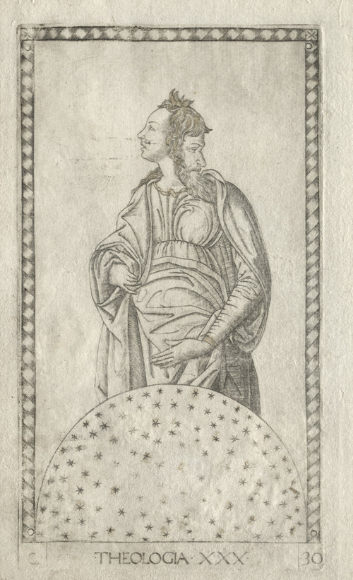 Theology (from the Tarocchi, Series C: Liberal Arts, no. 30) by Master of the E-Series Tarocchi — Two-faced Theology stands above a dome scattered with stars