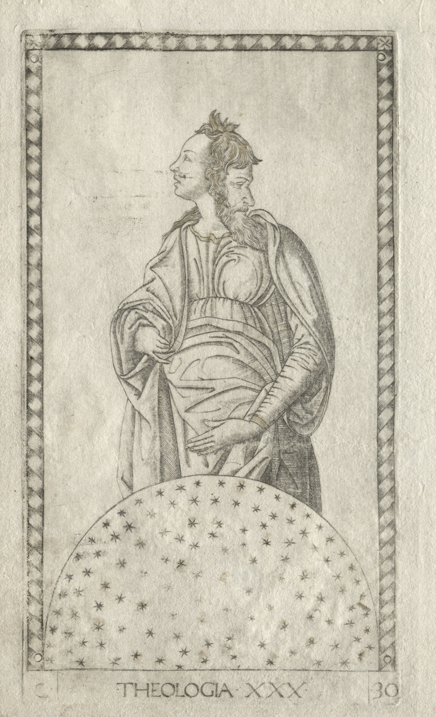 Master of the E-Series Tarocchi — Theology (from the Tarocchi, Series C: Liberal Arts, no. 30) | Esoteric Art Print shown to scale on a wall above a sofa
