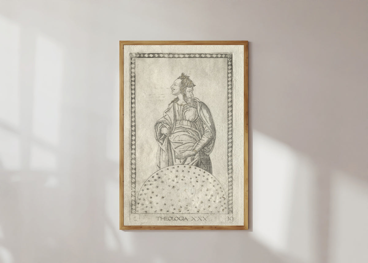 Framed art print of Theology (from the Tarocchi, Series C: Liberal Arts, no.… by Master of the E-Series Tarocchi, in a light wood frame on a sunlit white wall