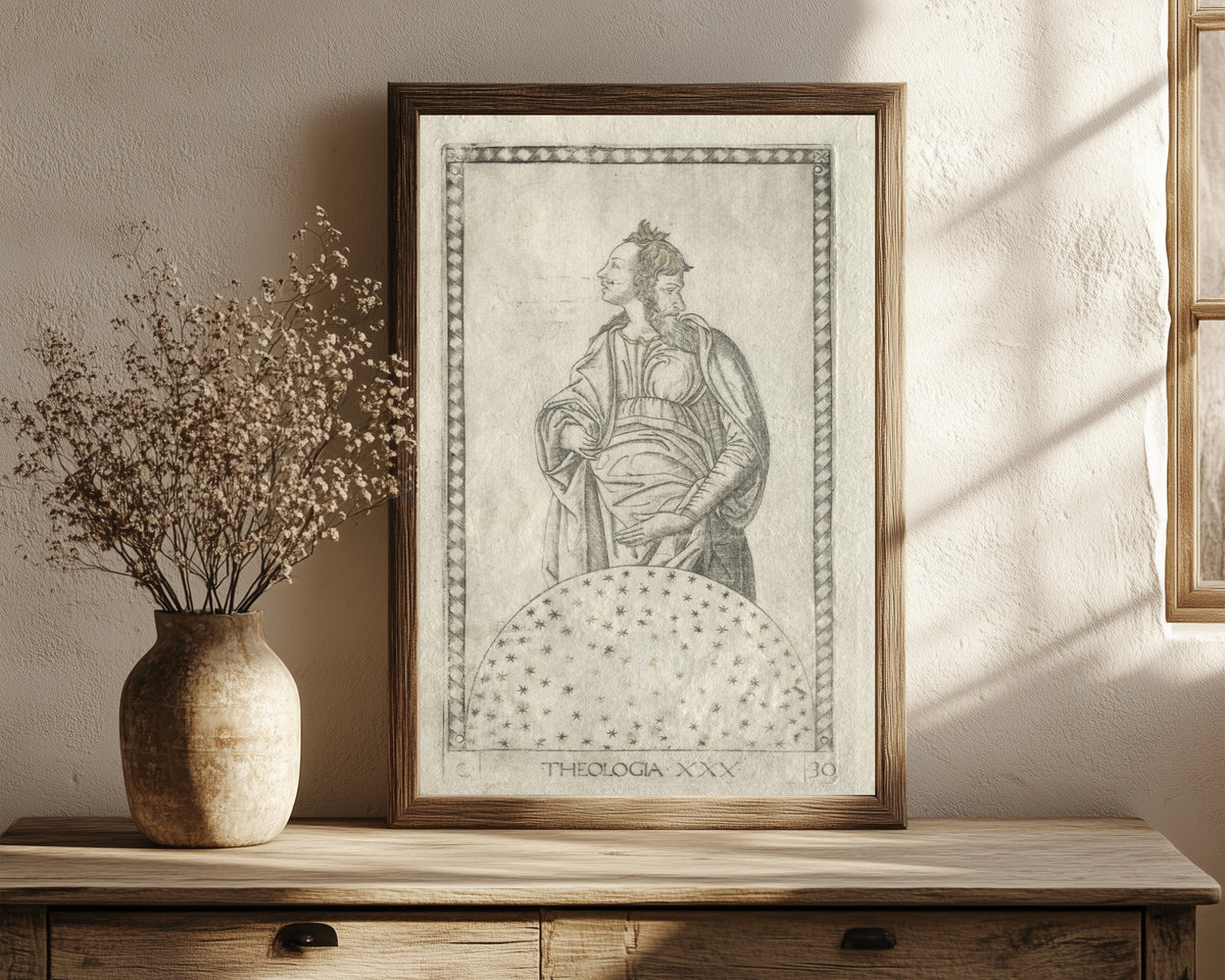 Framed art print of Theology (from the Tarocchi… by Master of the E-Series Tarocchi, in a dark wood frame leaning on a rustic console beside dried flowers