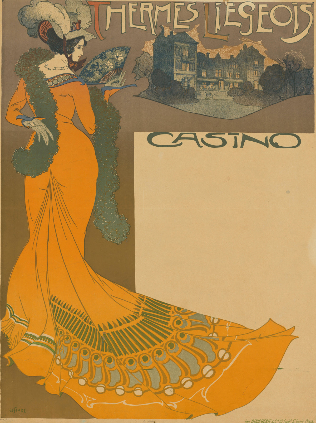 Thermes Liégeois Casino by Georges de Feure — A woman in an orange gown with a peacock train turns her back