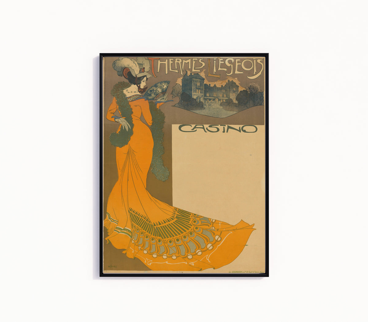 Framed art print of Thermes Liégeois Casino by Georges de Feure, in a slim black frame on a plain white wall