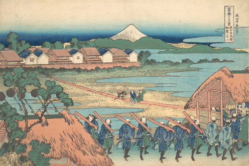 Thirty-six Views of Mount Fuji: Fuji Seen in the Distance from Senju Pleasure Quarter by Katsushika Hokusai — Men shoulder red timbers past thatched roofs