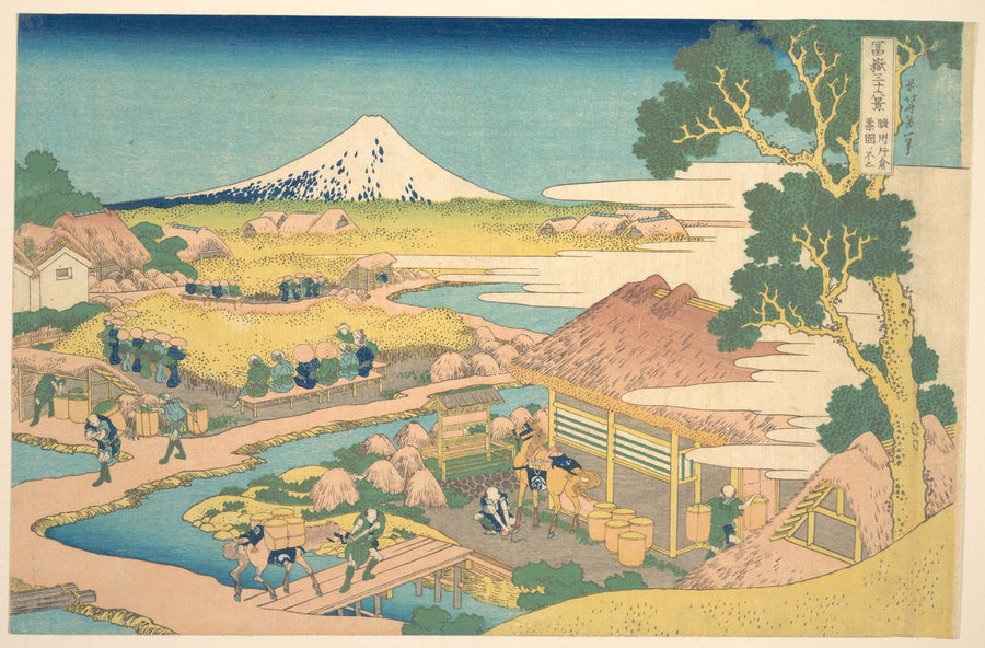 Katsushika Hokusai — Thirty-six Views of Mount Fuji: Fuji from the Katakura Tea Fields in Suruga | Japanese Woodblock Print (Ukiyo-e) shown to scale on a wall above a sofa