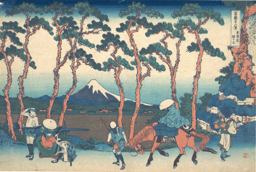 Thirty-six Views of Mount Fuji: Hodogaya on the Tōkaidō by Katsushika Hokusai — Travellers and a horse pass beneath tall pines with Fuji between
