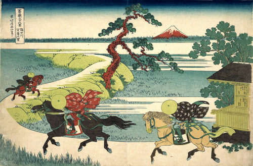 Thirty-six Views of Mount Fuji: Sekiya Village on the Sumida River by Katsushika Hokusai — Three riders gallop along a river road with a red Fuji beyond