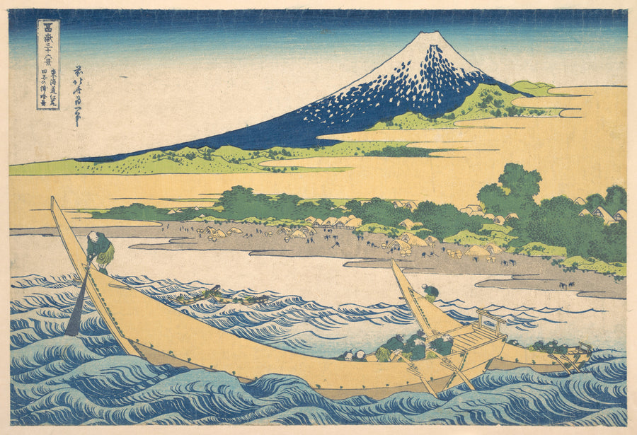 Katsushika Hokusai — Thirty-six Views of Mount Fuji: Tago Bay near Ejiri on the Tōkaidō | Japanese Woodblock Print (Ukiyo-e) shown to scale on a wall above a sofa