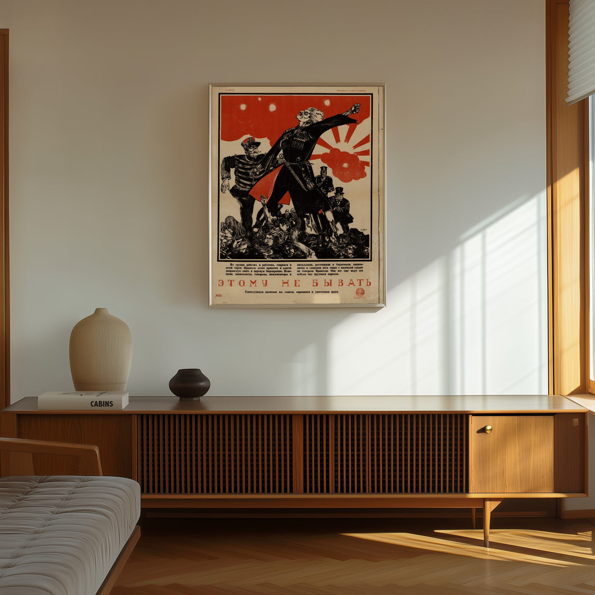 Framed art print of This shall not be! by Dmitry Moor, in a thin light frame on a sunlit wall above a wooden sideboard