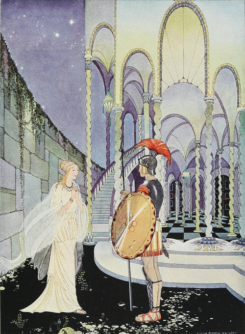 ‘Thou hast slain the monster,’ cried Ariadne, clasping her hands by Virginia Frances Sterrett — A woman in a pale veil greets a warrior with a golden shield