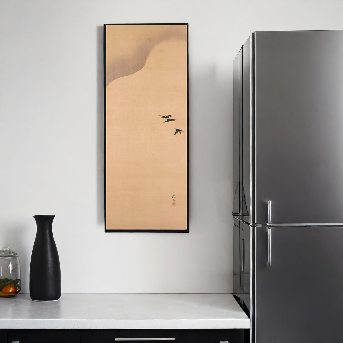 Noh Play Hachinoki, three of three by Shibata Zeshin — framed on a kitchen wall