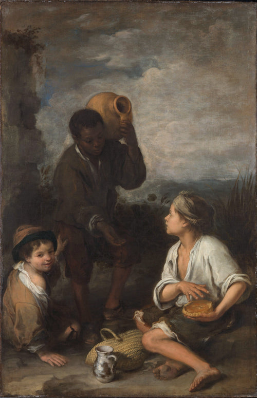Three Boys by Bartolomé Esteban Murillo — Three boys with a clay jar, a small pie and a wicker basket