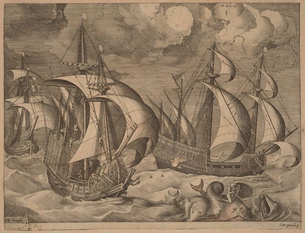 Pieter Bruegel the Elder — Three Caravels in a Rising Squall with Adrion on a Dolphin | Engraving Print